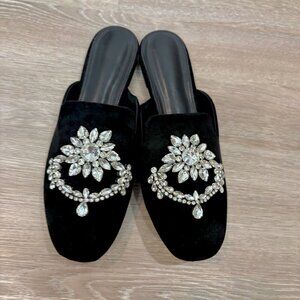 SHEINWomen's Floral Rhinestone Black Suede Comfortable Flat Clog